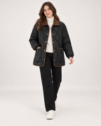 Women’s Quilted Jacket with Contrast Collar in Black, full body view