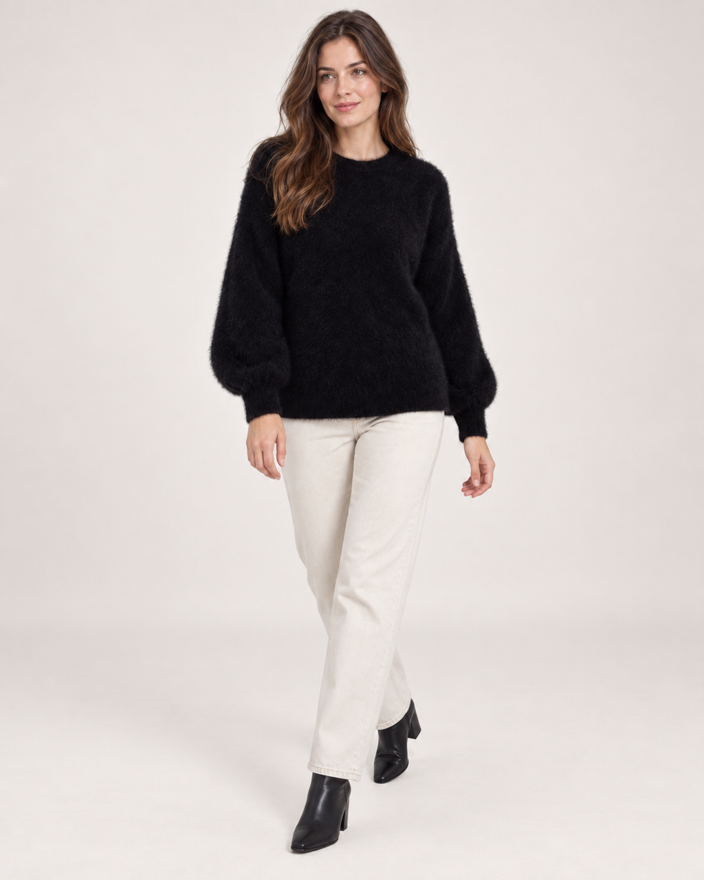 Women’s Fluffy Jumper with Crew Neck in Black, full body view