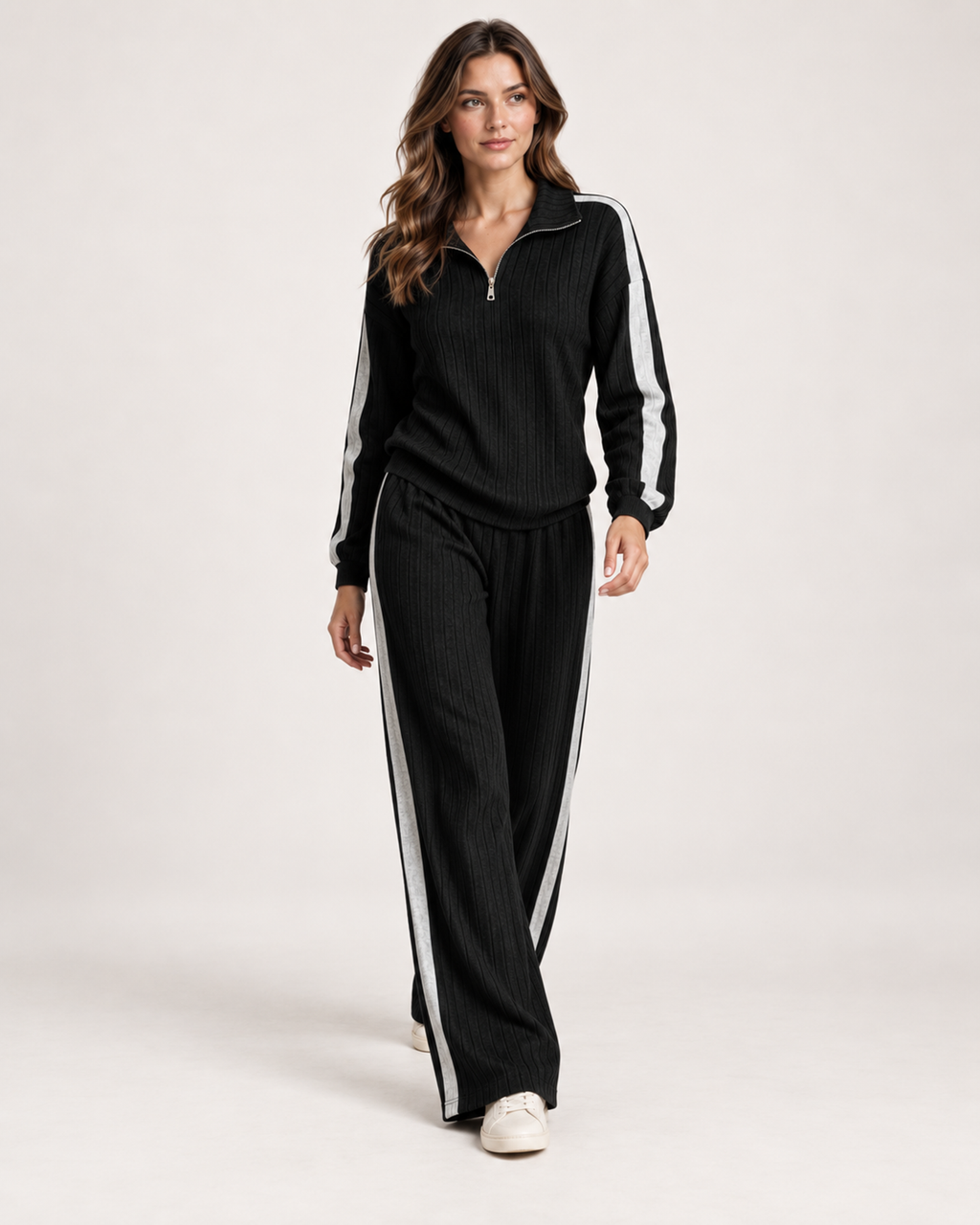 Women’s Co-Ord Set with Half Zip Top and Wide Leg Trousers in Black, full body view