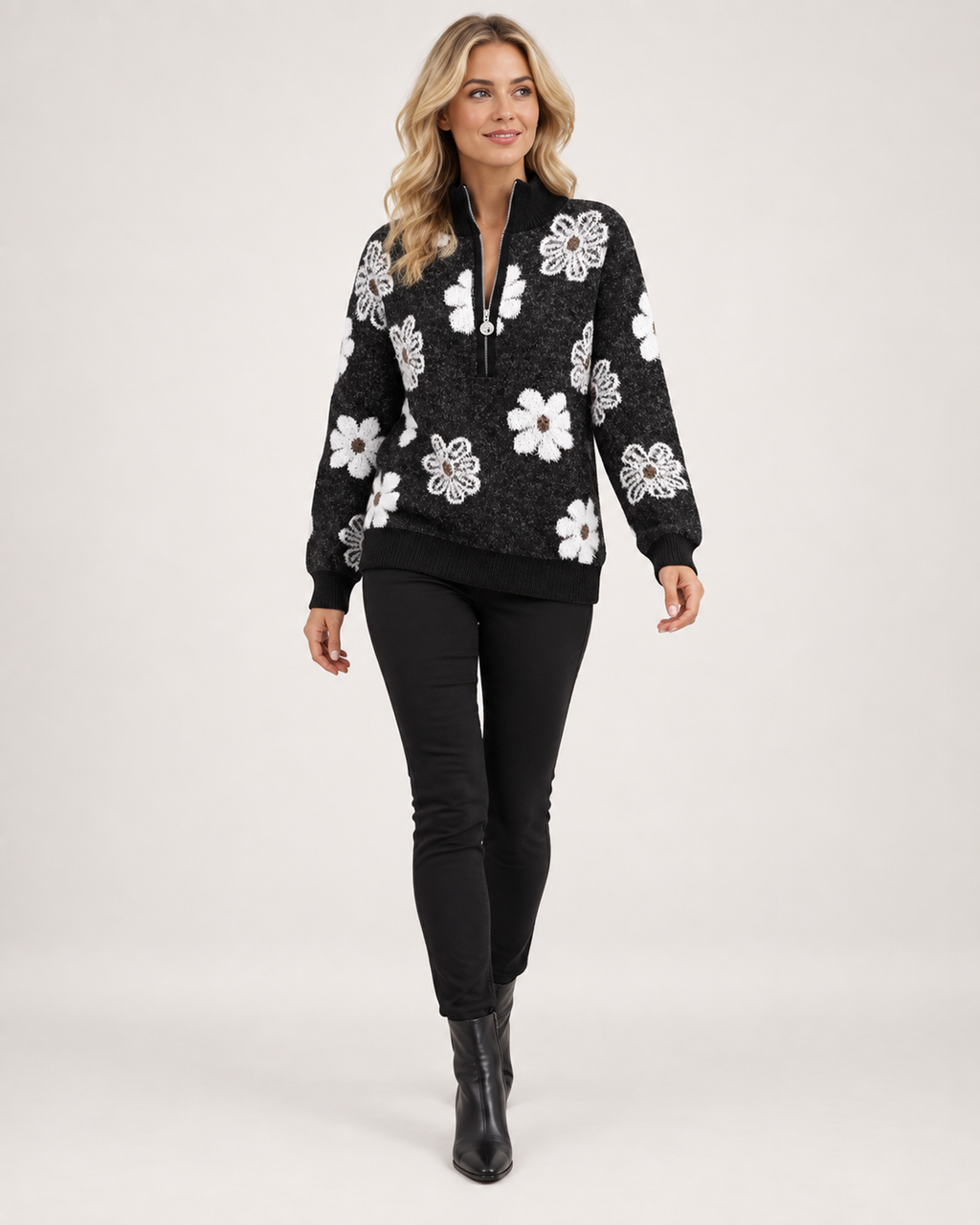 Women’s Half-Zip Jumper with Floral Pattern in Black, full body view