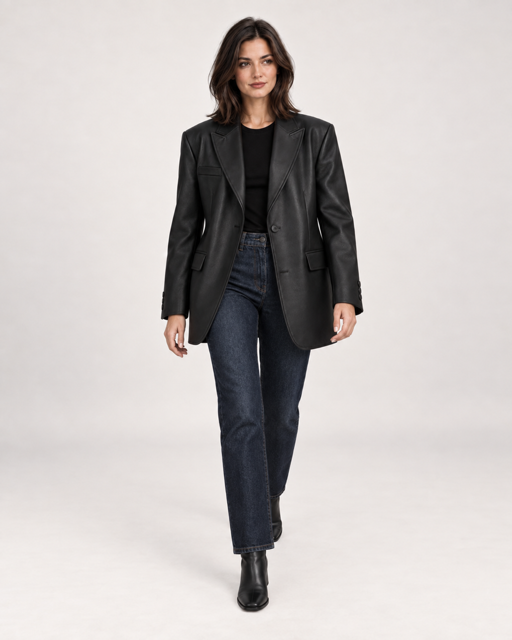 Women’s Faux Leather Blazer with Oversized Fit in Black, full body view