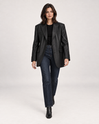 Women’s Faux Leather Blazer with Oversized Fit in Black, full body view