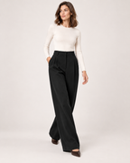 Women’s Straight Leg Trousers with High Waist and Front Pleats in Black, full body view