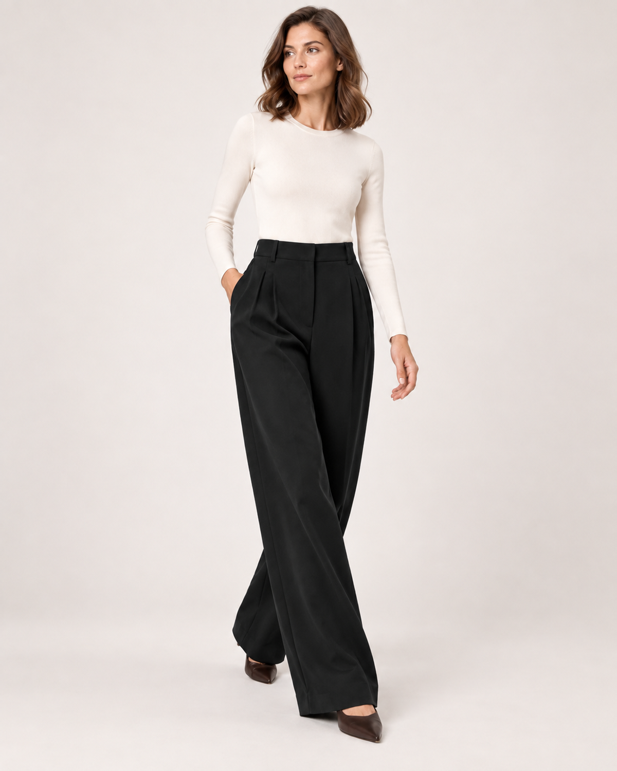 Women’s Straight Leg Trousers with High Waist and Front Pleats in Black, full body view