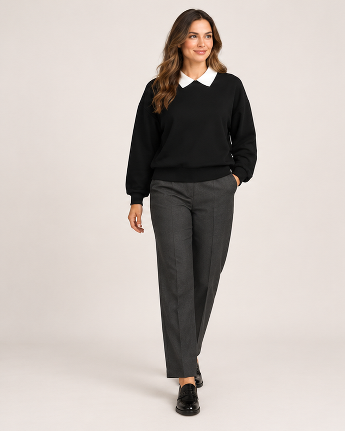 Women’s Collared Jumper with Layered Shirt Detail in Black, full body view