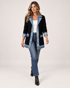 Women’s Coatigan with Denim Collar and Button Front in Black, full body view