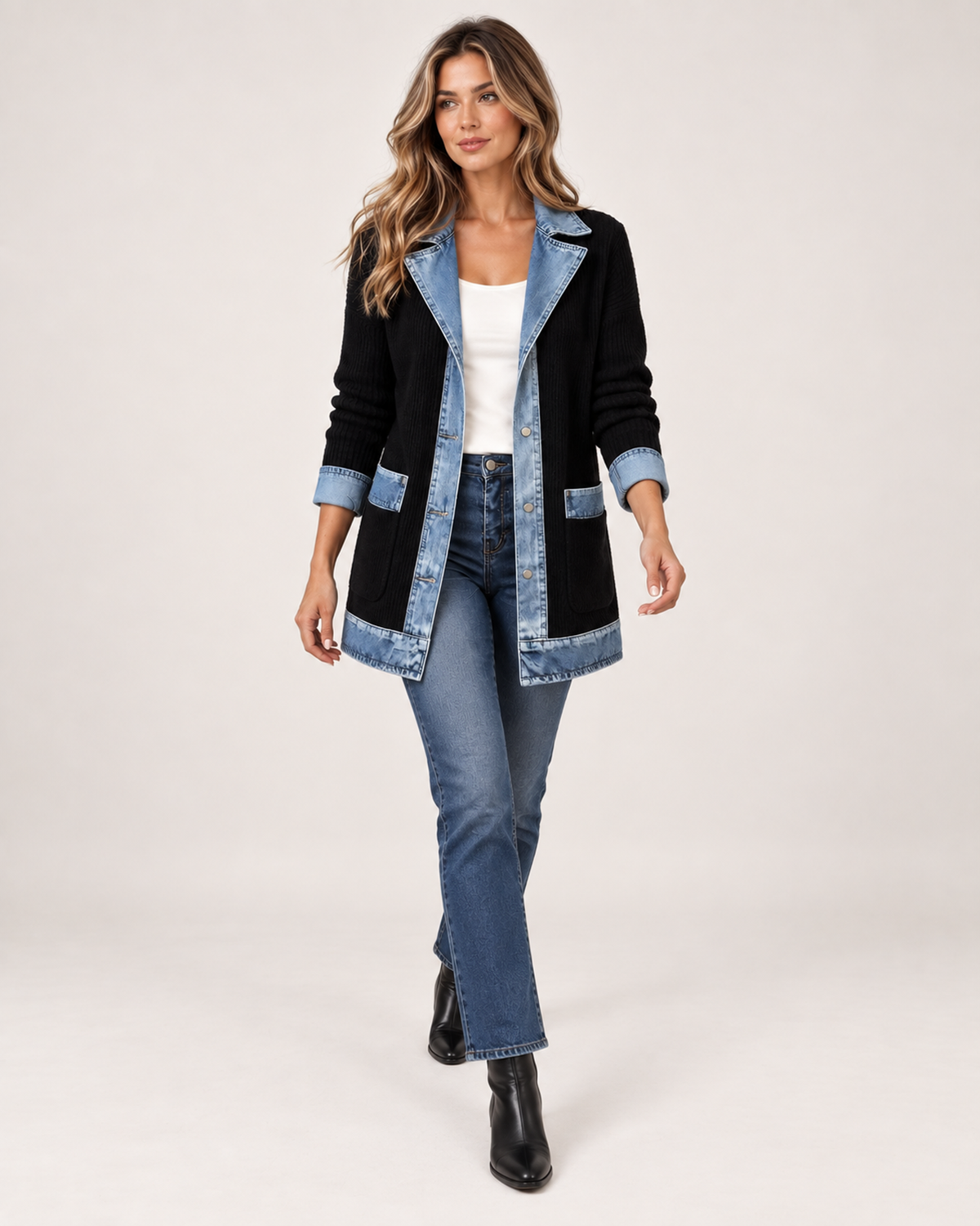 Women’s Coatigan with Denim Collar and Button Front in Black, full body view