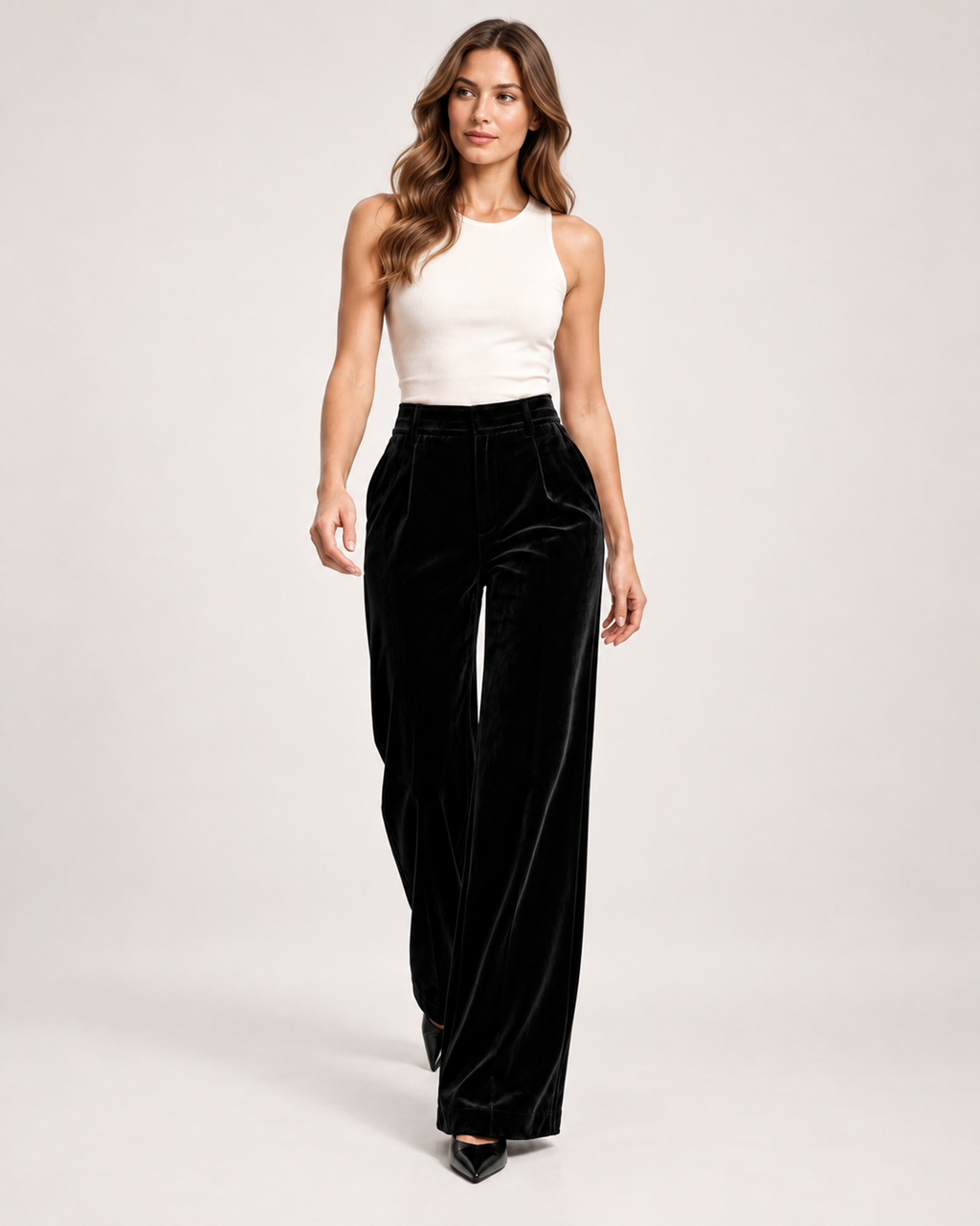 Women’s Wide Leg Trousers with High Waist and Pockets in Black, full body view