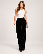 Women’s Wide Leg Trousers with High Waist and Pockets in Black, full body view