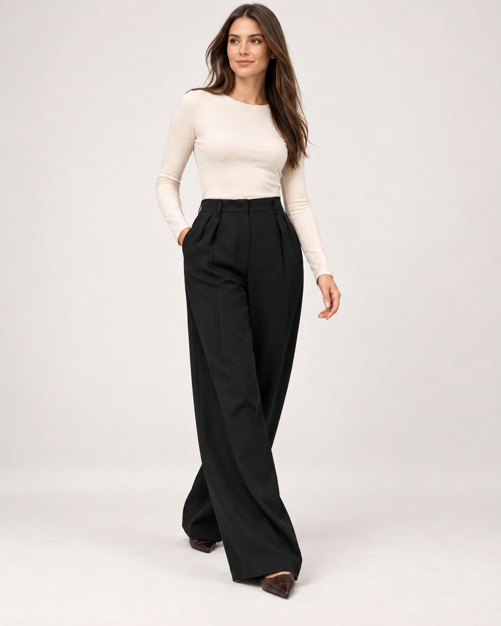 Women’s Wide Leg Trousers with High Waist and Side Pockets in Black, full body view