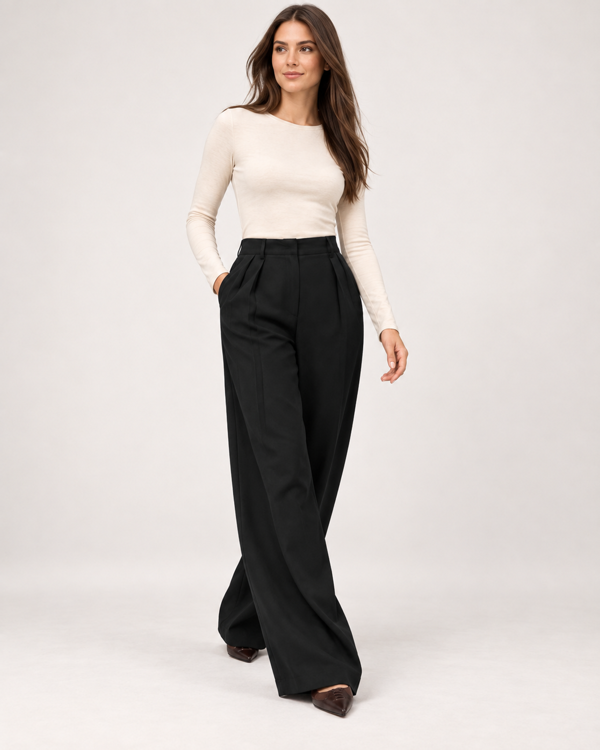 Women’s Wide Leg Trousers with High Waist and Side Pockets in Black, full body view