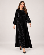 Women’s Velvet Maxi Dress with Draped Waist in Black, full body view