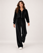 Women’s Loungewear Set with Zip Up Top and Wide Leg Trousers in Black, full body view