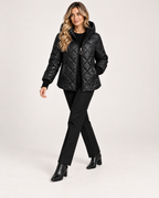 Women’s Quilted Jacket with Hood and Zip Front in Black, full body view