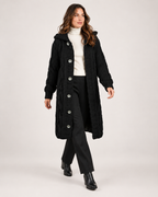 Women’s Longline Cardigan with Cable Knit and Hood in Black, full body view