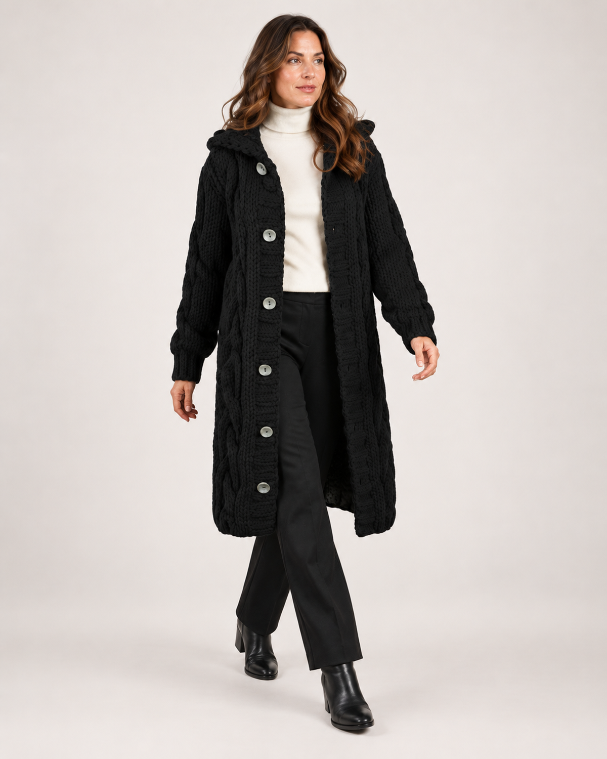 Women’s Longline Cardigan with Cable Knit and Hood in Black, full body view