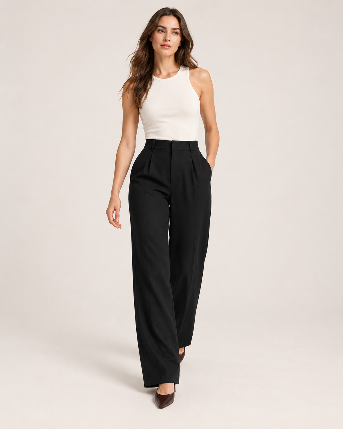 Women’s Wide Leg Trousers with High Waist and Pockets in Black, full body view