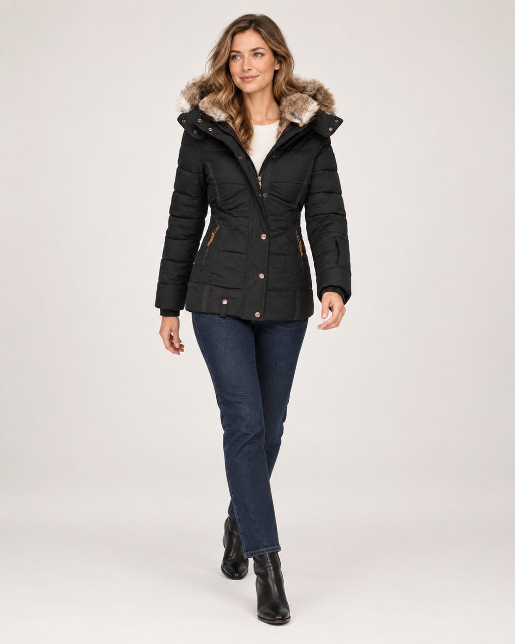 Women’s Puffer Jacket with Faux Fur Hood in Black, full body view
