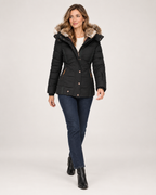 Women’s Puffer Jacket with Faux Fur Hood in Black, full body view