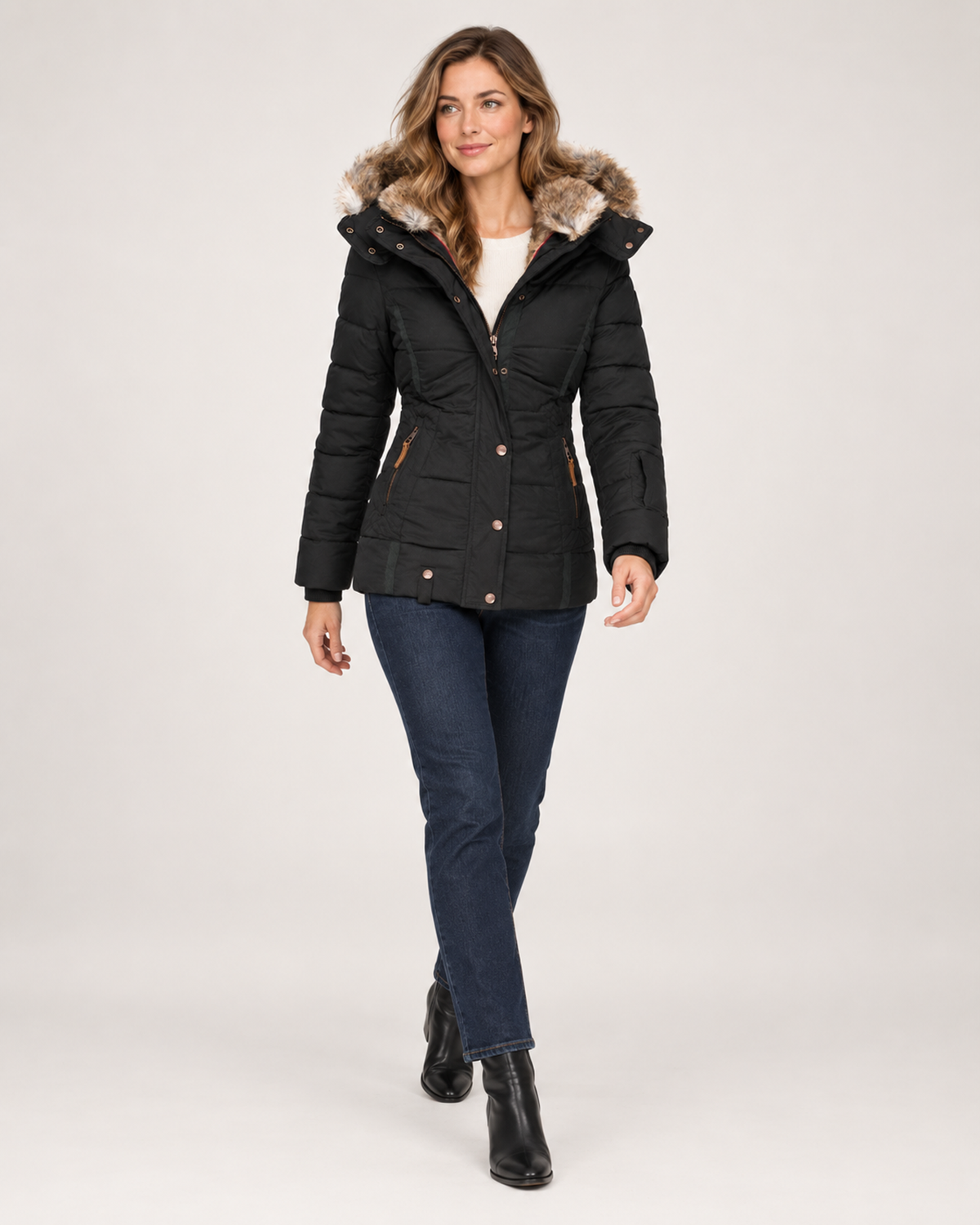 Women’s Puffer Jacket with Faux Fur Hood in Black, full body view