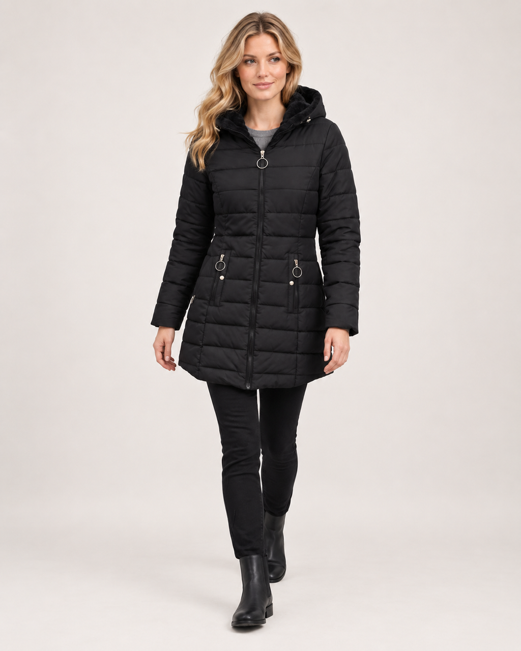 Women’s Quilted Jacket with Hood and Longline Shape in Black, full body view