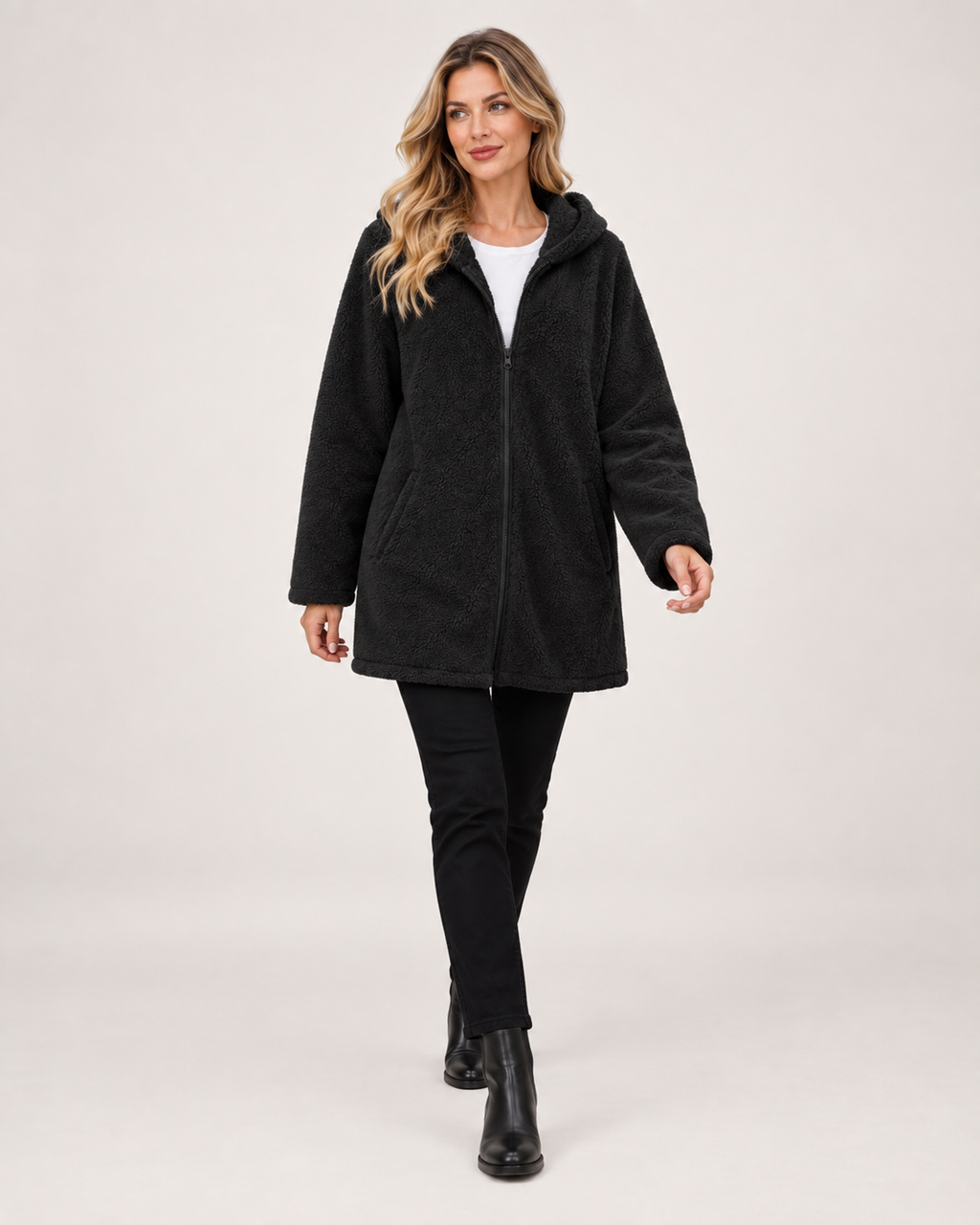 Women’s Fleece Jacket with Hood and Zip Front in Black, full body view