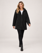Women’s Fleece Jacket with Hood and Zip Front in Black, full body view