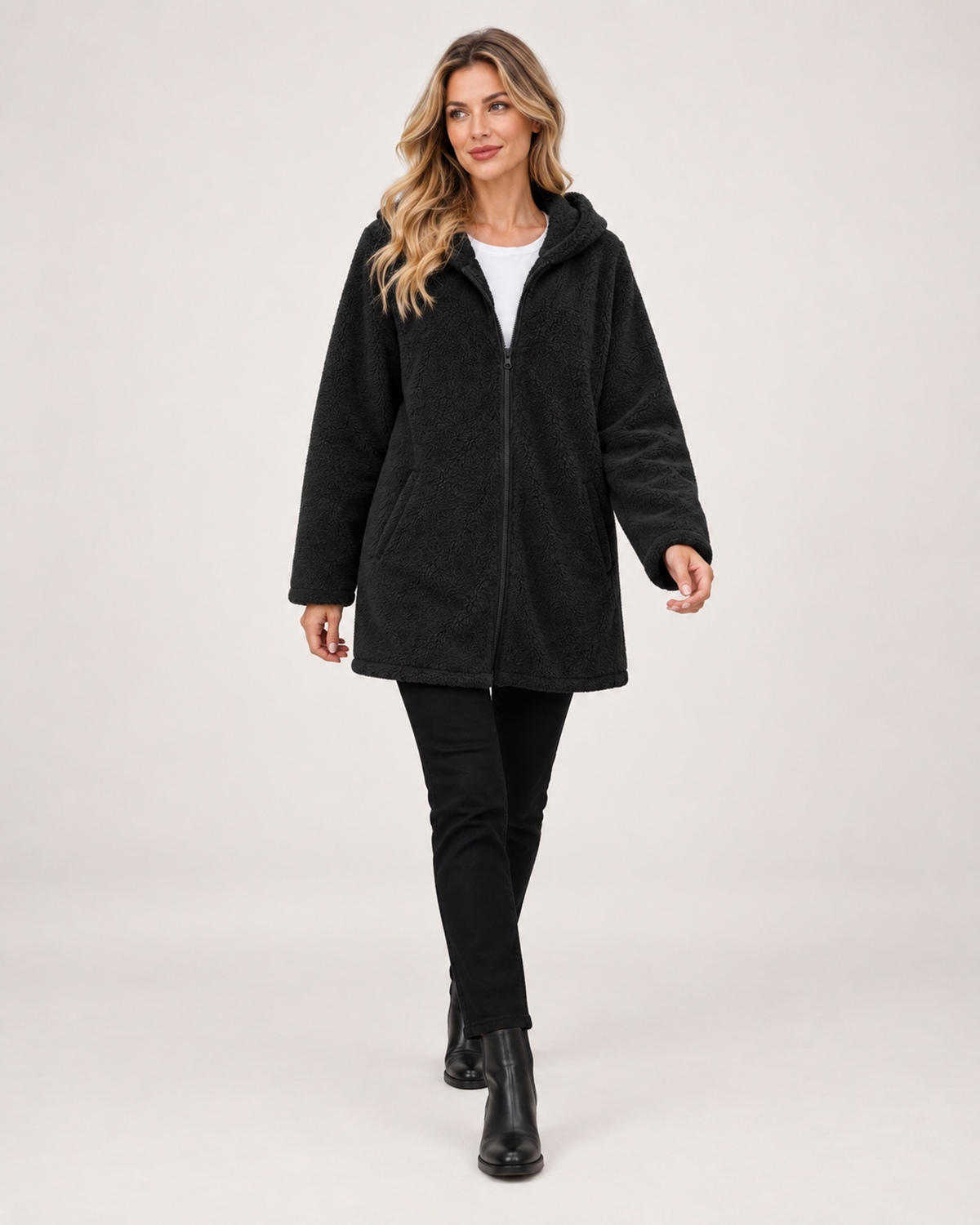 Women’s Fleece Jacket with Hood and Zip Front in Black, full body view