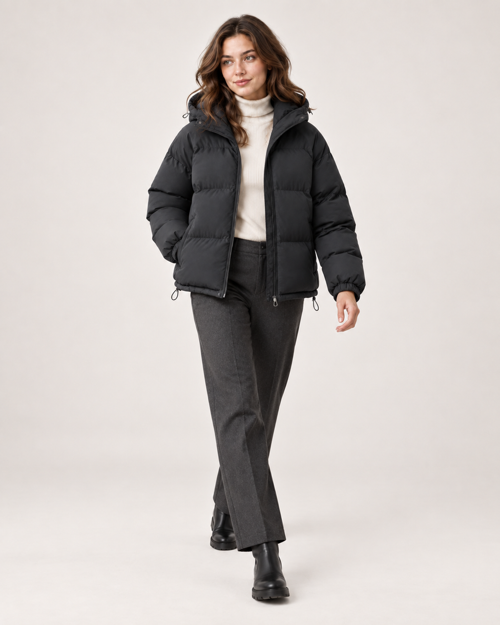 Women’s Puffer Jacket with Hood and Drawcord Hem in Black, full body view