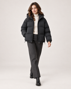 Women’s Puffer Jacket with Hood and Drawcord Hem in Black, full body view