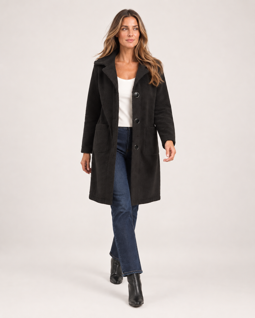 Women’s Longline Cardigan with Button Front and Pockets in Black, full body view