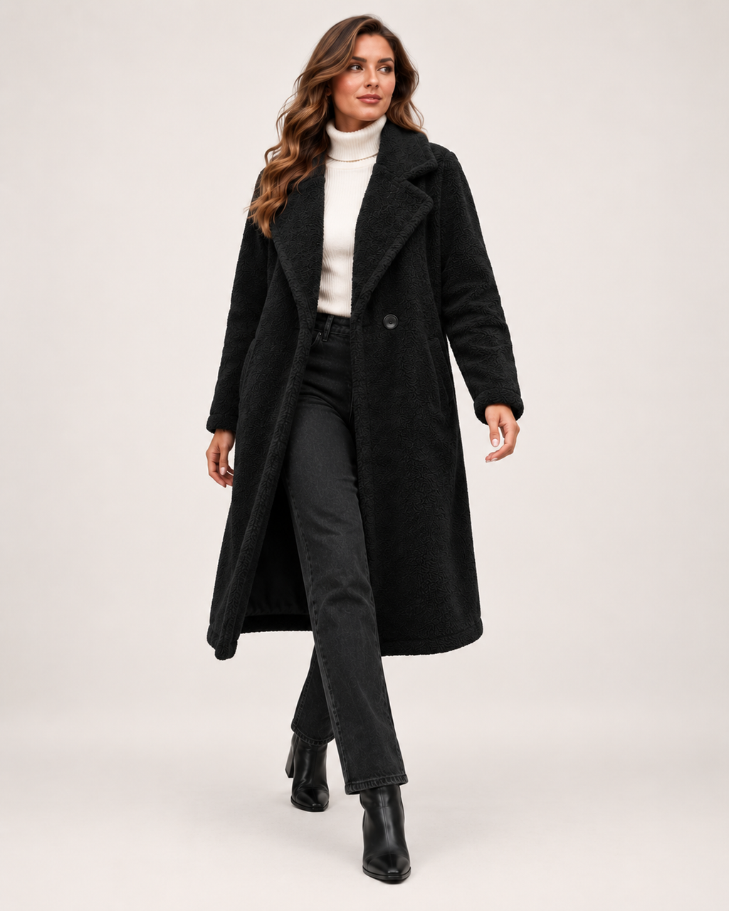 Women’s Borg Coat with Long Shape and Lapel Collar in Black, full body view