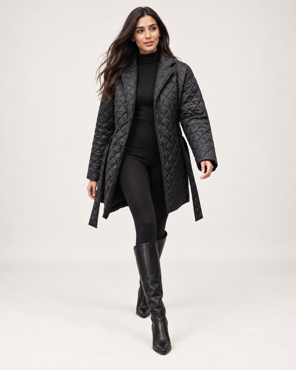 Women’s Quilted Coat with Belt and Lapel Collar in Black, full body view