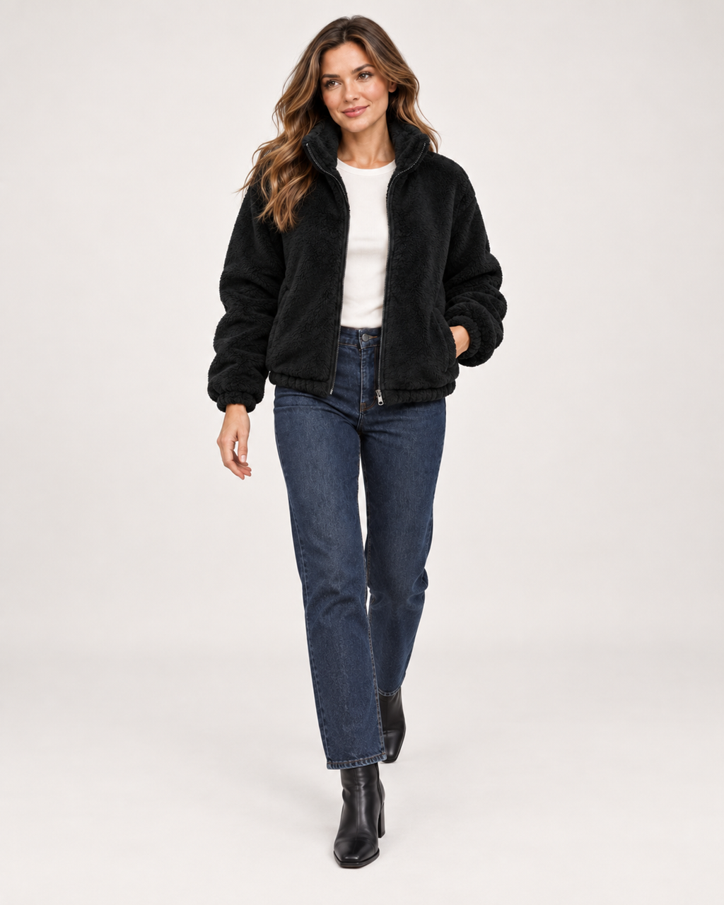 Women’s Fleece Jacket with Funnel Neck and Zip Front in Black, full body view