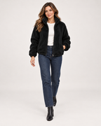 Women’s Fleece Jacket with Funnel Neck and Zip Front in Black, full body view