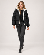 Women’s Puffer Jacket with Hood and Zip Front in Black, full body view