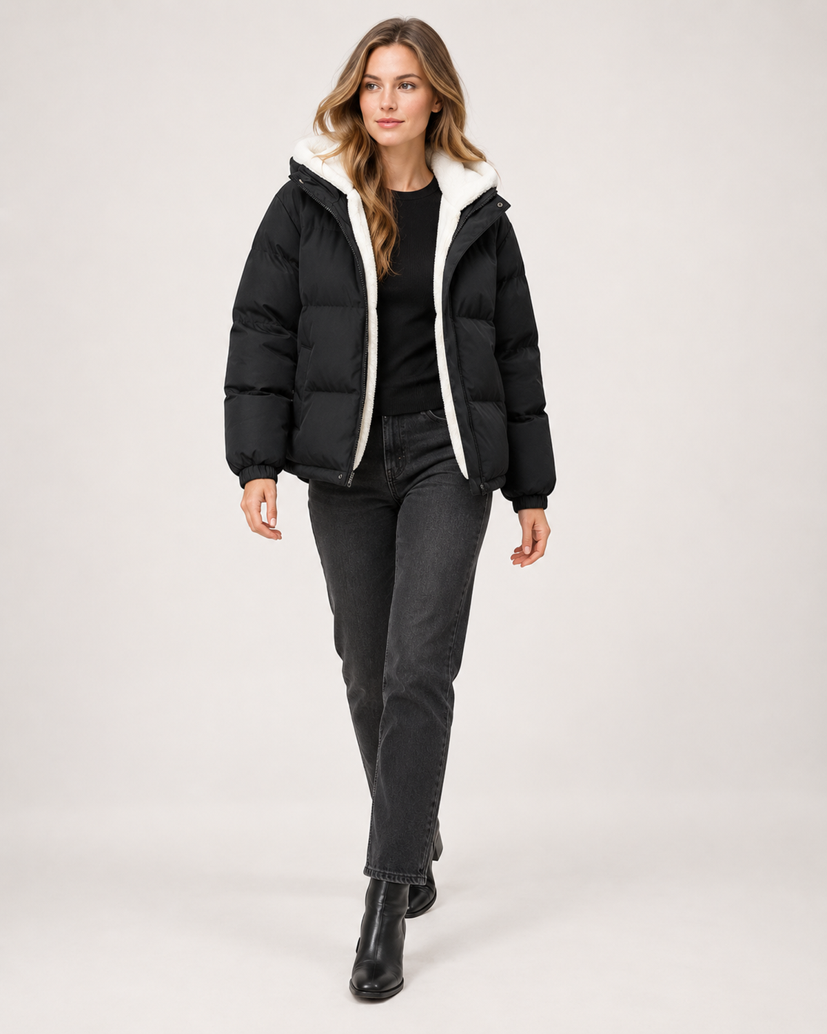 Women’s Puffer Jacket with Hood and Zip Front in Black, full body view