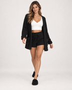 Women’s Pyjama Set with Cardigan, Vest and Shorts in Black, full body view