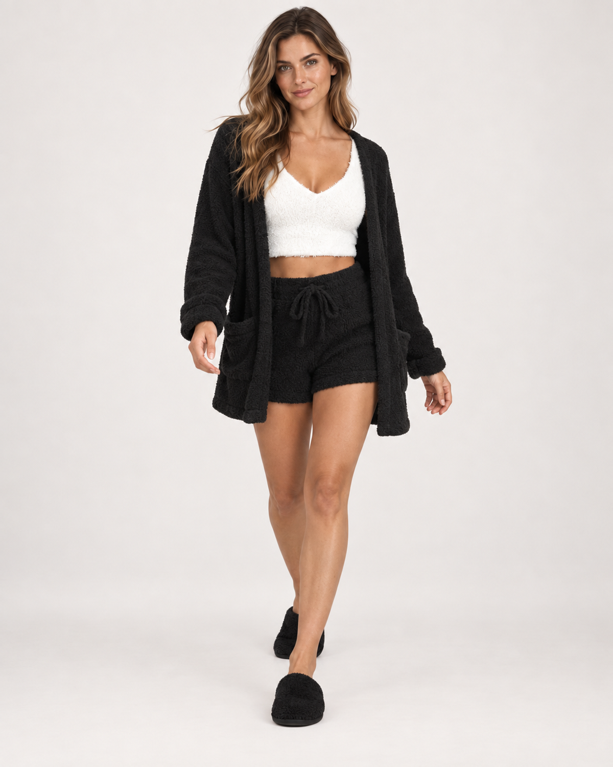 Women’s Pyjama Set with Cardigan, Vest and Shorts in Black, full body view