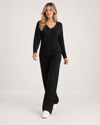 Women’s Co-Ord Set with Ribbed V-Neck Top and Wide Leg Trousers in Black, full body view