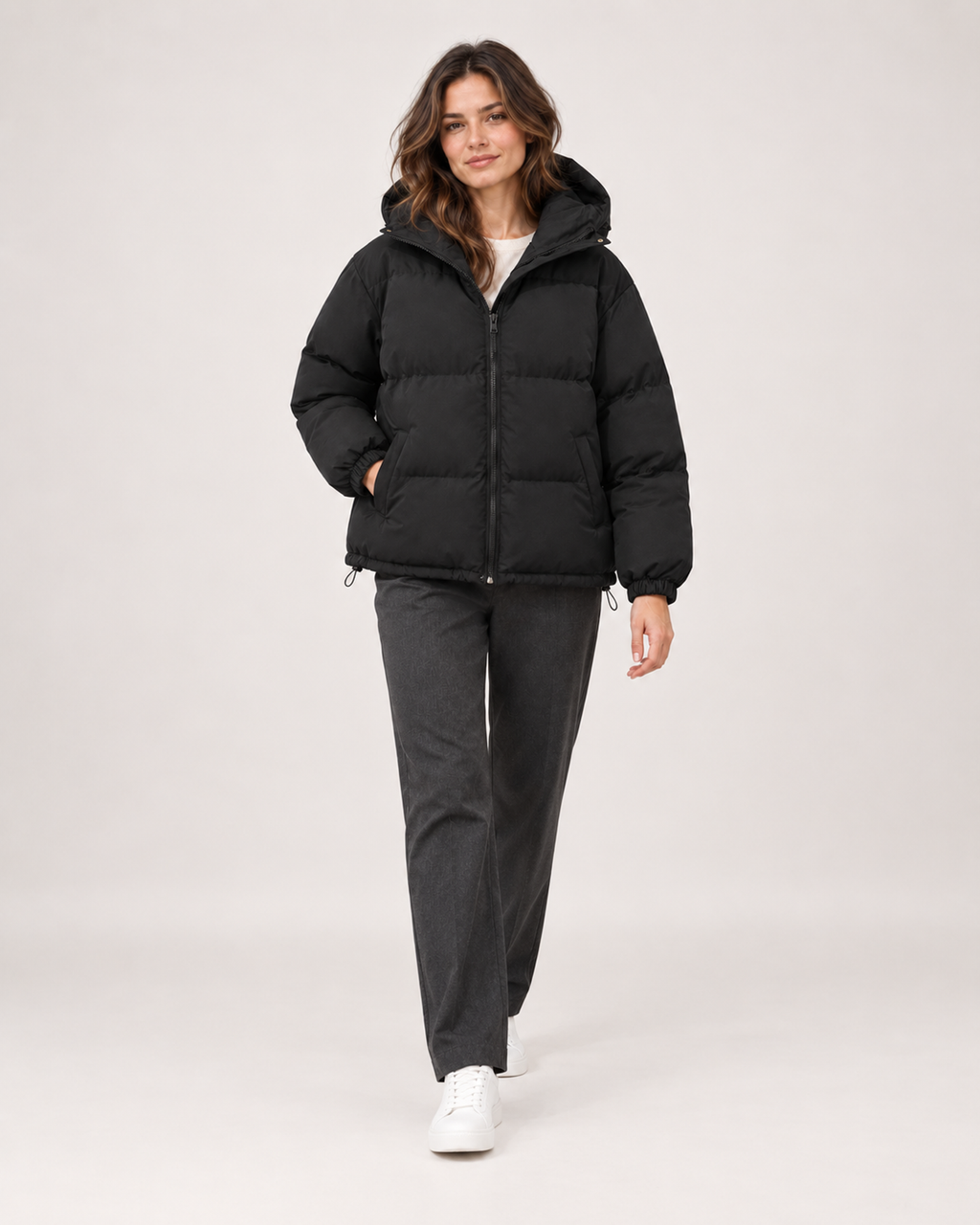 Women’s Puffer Jacket with Hood and Zip Front in Black, full body view