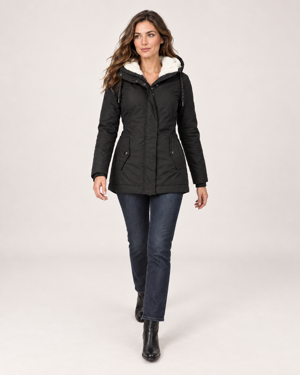 Women’s Fleece Lined Jacket with Hood and Zip Front in Black, full body view