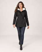 Women’s Fleece Lined Jacket with Hood and Zip Front in Black, full body view