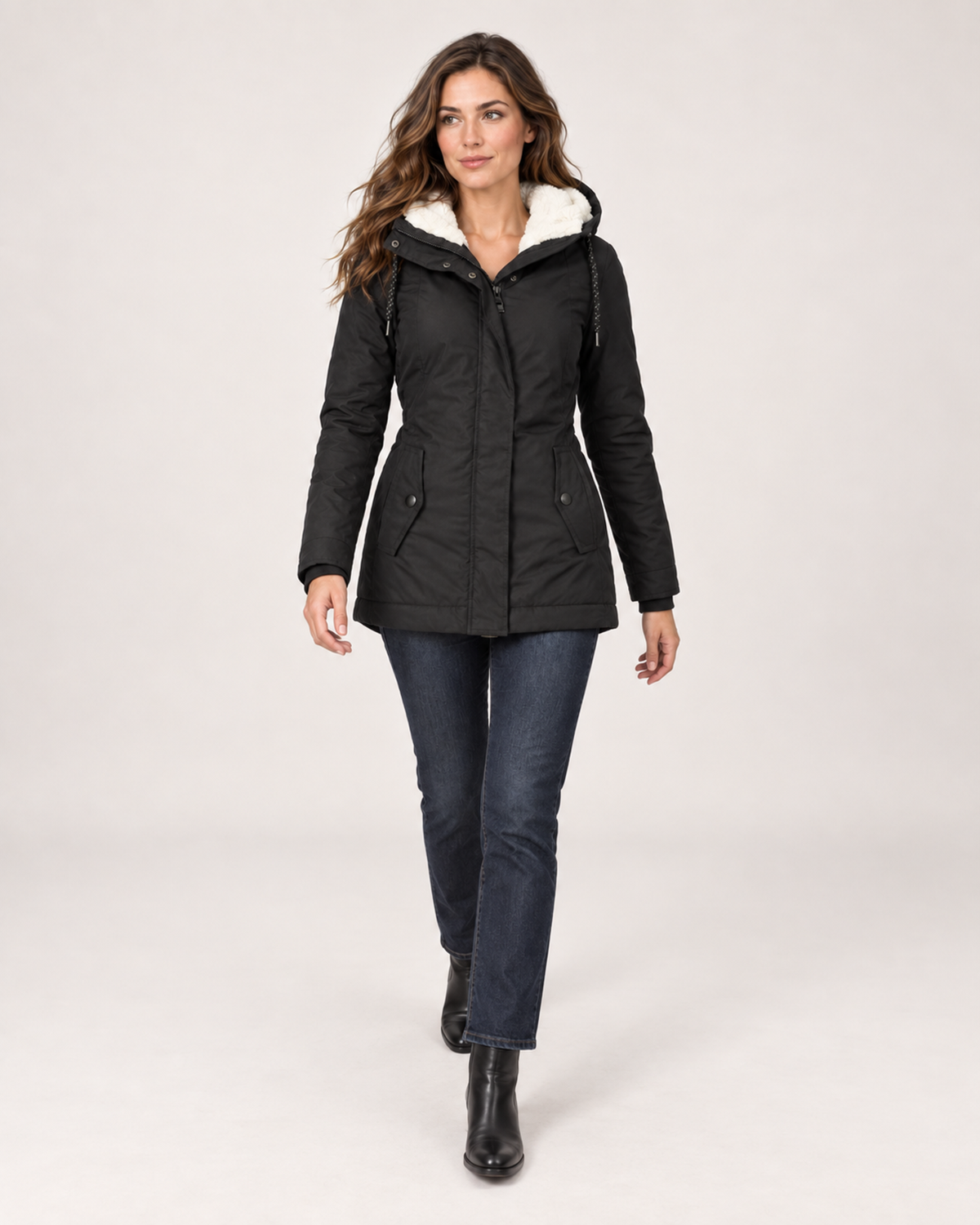 Women’s Fleece Lined Jacket with Hood and Zip Front in Black, full body view