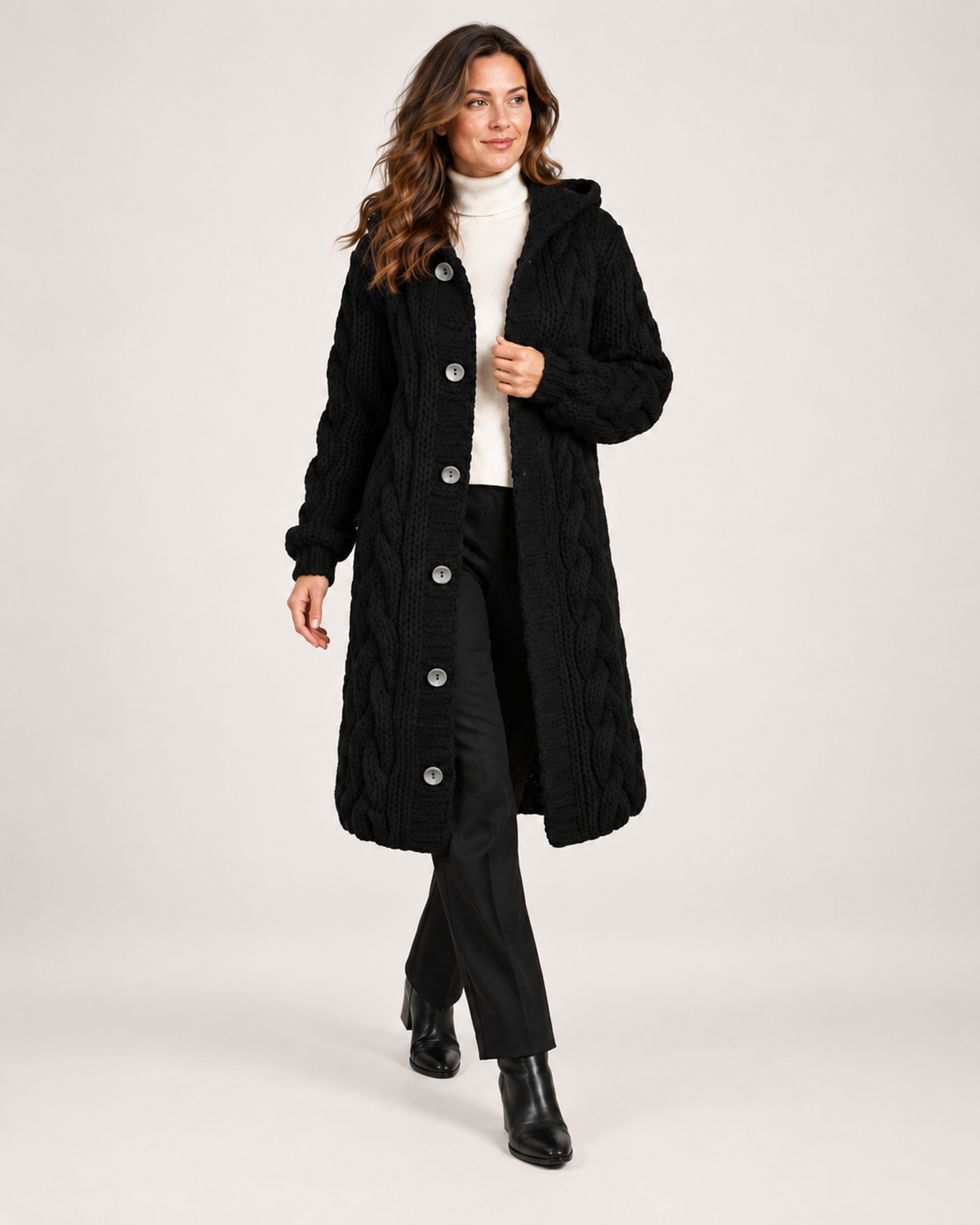 Women's Longline Cardigan with Cable Knit and Hood product view