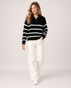 Women's Striped Jumper Half Zip Collared Knit Style product view
