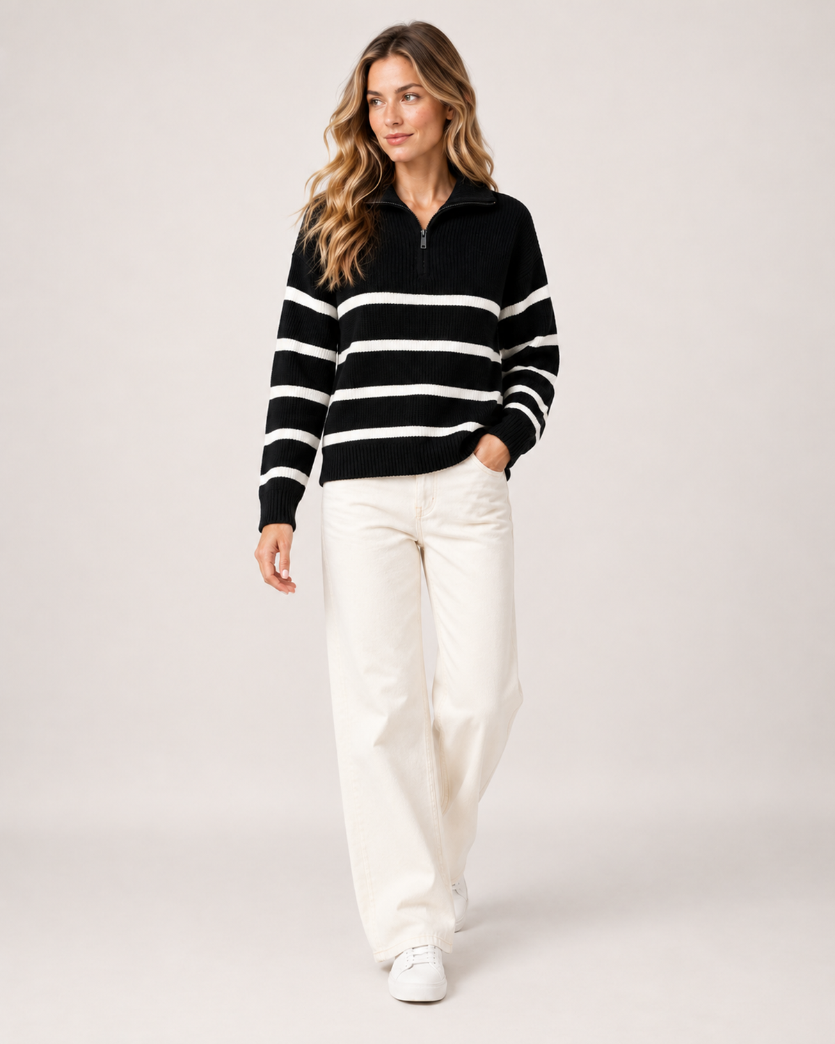 Women's Striped Jumper Half Zip Collared Knit Style product view
