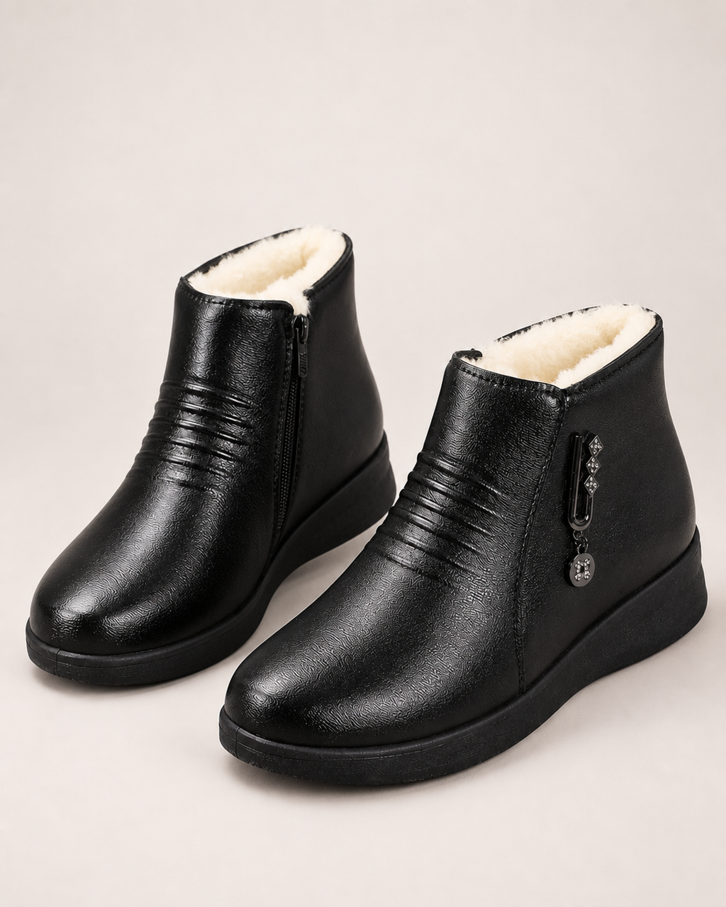 Women’s Ankle Boots with Fleece Lining and Side Zip in Black, product only view