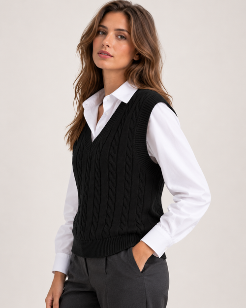 Women's black cable knit sweater vest close three quarter view