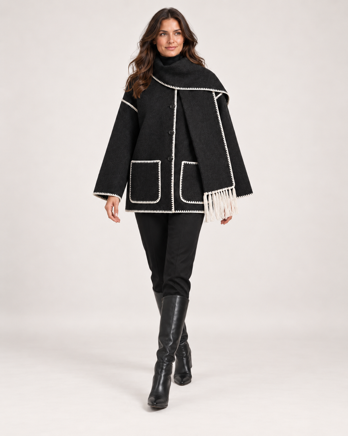 Women’s Cape Coat with Scarf Collar in Black & White, full body view
